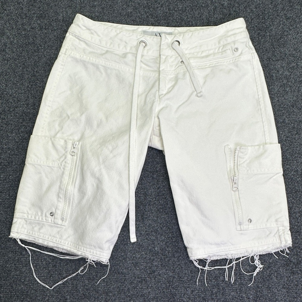 Armani Exchange Cargo‎ Shorts White Frayed Hem Drawstring Utility Y2K Streetwear